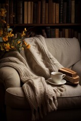 Wall Mural - sweater draped over a cozy armchair next to a stack of books and a cup of tea  AI generated illustration