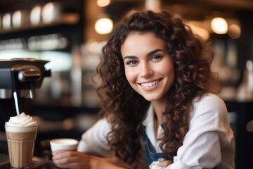 portrait of a woman barista in a cafe