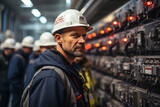Fototapeta  - Workers electrician specialists work in a power plant. Electrical control and management panels.