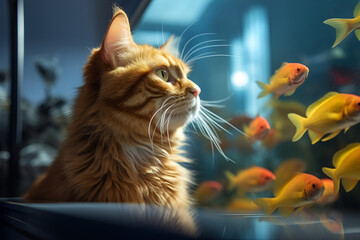 Wall Mural - Ginger cat looks into an aquarium at goldfish. Generate Ai.