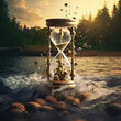 Time is Money Concept. Currency Confluence: Coin Streams Converging in the Hourglass Delta