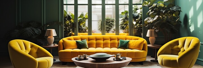 Wall Mural - Interior of modern living room with yellow sofa. Elegant Luxury Interior of Living Room of a Rich House.