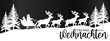 Frohe Weihnachten Grußkarte Banner Vektor - Weisser Scherenschnitt, Silhouette Weihnchtsmann, Schlitten, Rentieren, Wald, Schneelandschaft, Landschaft, isoliert auf schwarzem Nacht Himmel Hintergrund