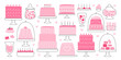 Pink sweet cakes, candies and delicious desserts for birthday celebration set vector illustration