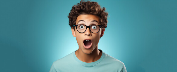 Wall Mural - Portrait of teen boy with a surprised facial expression. Isolated on light blue background. 