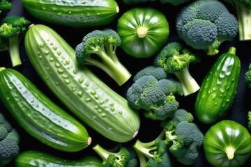 Wall Mural - Green vegetables on a black background. Healthy food. Top view