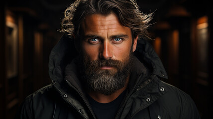 Wall Mural - handsome bearded man in leather jacket and mustache with long beard in stylish jacket with serious face