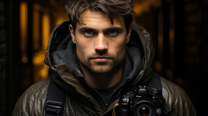 Wall Mural - portrait of a handsome man in a dark room with a vintage interior in background