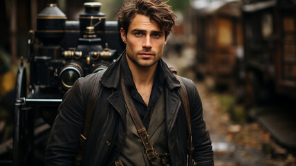 Wall Mural - portrait of a handsome man in a dark room with a vintage interior in background