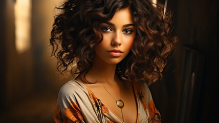 Wall Mural - young woman with curly hair in a vintage interior