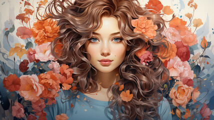 Wall Mural - beautiful girl with blue flowers