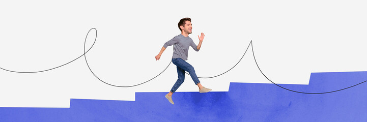 Aufkleber - Collage horizontal comics magazine of funky man with big head running climbing stairs forward dream success