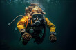 Diver in vintage gear explores the underwater depths