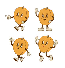 Wall Mural - Set of funny retro cartoon apricot characters in groovy style. Smiling peach fruit mascot in different poses and emotion. Vector illustration.