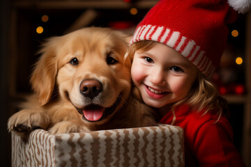 Wall Mural - Cute child open a gift with his dog, festive christmas background, ai generated