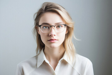 Portrait of beautiful young girl in glasses on grey background, isolated.