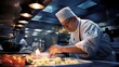 © Cassova - Chef's masterpiece, eye-level shot of a chef intensely focused on plating a gourmet dish, each ingredient showcased in its artful arrangement.