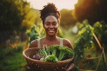 Black Woman Farmer With Basket Of Fresh Organic Vegetables, Happy Gardener In Apron And Hat, Rural Agriculture Lifestyle, Sustainable Living, Homegrown Produce Harvest. Generative AI.