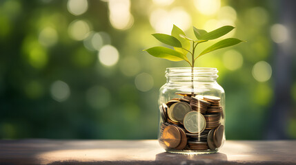 A glass jar filled with coins,  growing, blurry green bokeh nature background, Growth idea, self development concept 