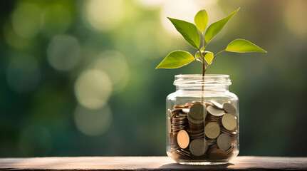 A glass jar filled with coins,  growing, blurry green bokeh nature background, Growth idea, self development concept 