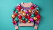 Leinwandbild Motiv Funny ugly christmas sweater design with colorful christmas baubles