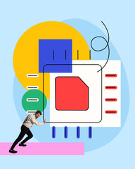 Wall Mural - Man, programmer pushing frames forward, launching of new startup, web development. Accessibility. Contemporary art collage. Concept of business, modern technologies, IT, innovations