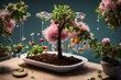 Create an AI-generated image of a floating dessert garden, featuring edible soil, fruit-bearing trees, and interactive edible blossoms