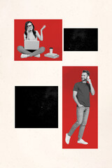 Poster - Creative trend collage of two friends communicate network talk phone modern technology black red rectangle magazine surrealism metaphor