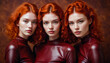 Portraits of red hair triplets woman