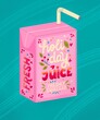 Juice box with hand lettering holiday juice. Cute festive winter holiday illustration. Bright colorful pink and blue greeting card.