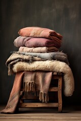 Wall Mural - Stack of cozy blankets and pillows on a vintage wooden chair  AI generated illustration