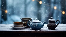 Steaming Mugs Of Tea On A Table While Its Snowing Outside  AI Generated Illustration