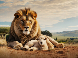 Wall Mural - Lion And Lamb Lay Down Together in the field bible content