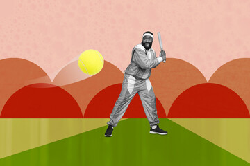 Sticker - Retro magazine collage image of excited cool guy playing american baseball isolated colorful background