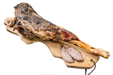 Canvas Print - Whole roast mutton lamb leg with spices on a wooden board. Transparent background. Isolated.