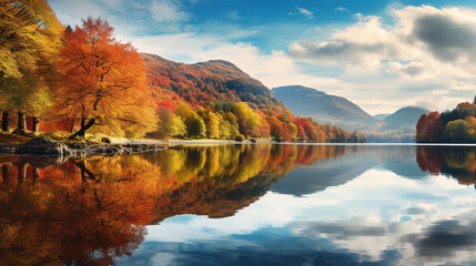 Wall Mural - Fall in the Lake District. Colorful trees reflected in a calm water surface. A bright and vibrant landscape scene, autumn nature background