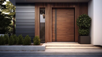 Wall Mural - Modern entrance door by wooden, which makes the house really elegant and homely right from the start. Generative AI Technology 