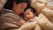 Naptime Bliss: A cozy scene of a baby nestled in their parent's arms during naptime, surrounded by soft pillows and blankets