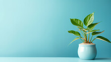 Home Potted Plant Isolated Over Blue Background. Pot With Home Plant With Copy Space