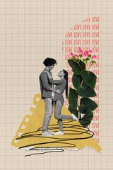 Wall Mural - Creative abstract template collage of hugging positive couple gentle flowers dating concept valentine day fantasy billboard comics zine