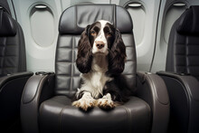 Black White Dog Cavalier King Charles Spaniel Sitting On Black Leather Chair In An Airplane Or Car Transportation And Travel With Pet