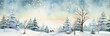 Winter landscape with snow covered fir trees and house. Christmas background.