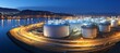 Liquified Natural Gas tank storage at night port. Generative AI technology.
