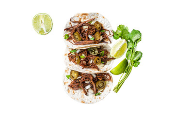 Wall Mural - Mexican Beef Barbacoa Tacos with Cilantro and Onion.  Transparent background. Isolated.