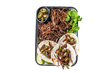 Wall Mural - Cooking of Mexican lamb Barbacoa Tacos with Cilantro and Onion.  Transparent background. Isolated.