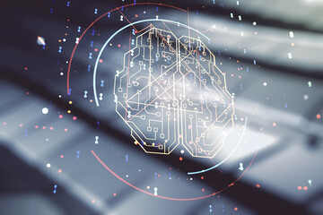 Aufkleber - Virtual creative artificial Intelligence hologram with human brain sketch on abstract metal background. Double exposure