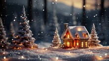 Christmas Fairy-tale Scene - A Doll's House In A Doll's Forest. It Is Snowing. Cozy Festive Winter Atmosphere.