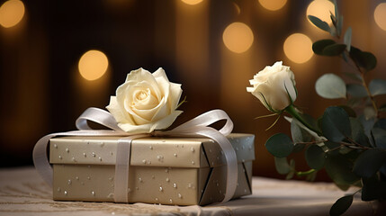 A gift box and a white rose on the table with a bokeh background. 