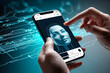 © ismael - Close up view of human hands holding smartphone with face recognition on screen.IA generativa