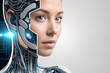 © ismael - Young woman with futuristic interface on her face. 3D rendering.IA generativa